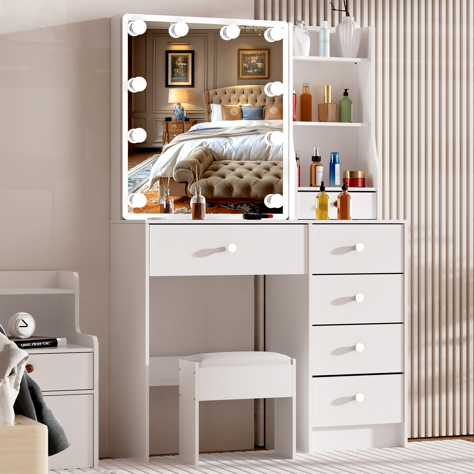 Office Furniture Reborn - Coiffeuse moderne blanche avec miroir LED,